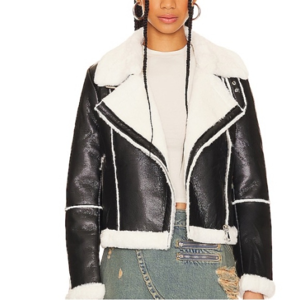 Superdown Black Faux Leather Jacket with White Shearling Trim
